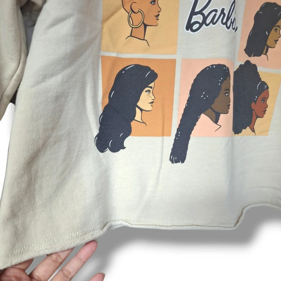Barbie Womens Cropped Sweatshirt Long Sleeve Graphic Hairstyles Oatmeal Color - Picture 3 of 12
